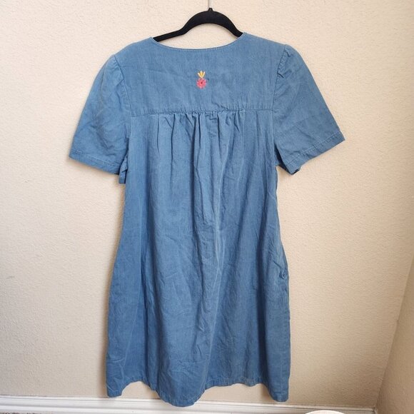 Go Softly Patio Dress Small Denim Chambray Muumuu Embroidery Jumper Prairie Midi - Picture 3 of 10